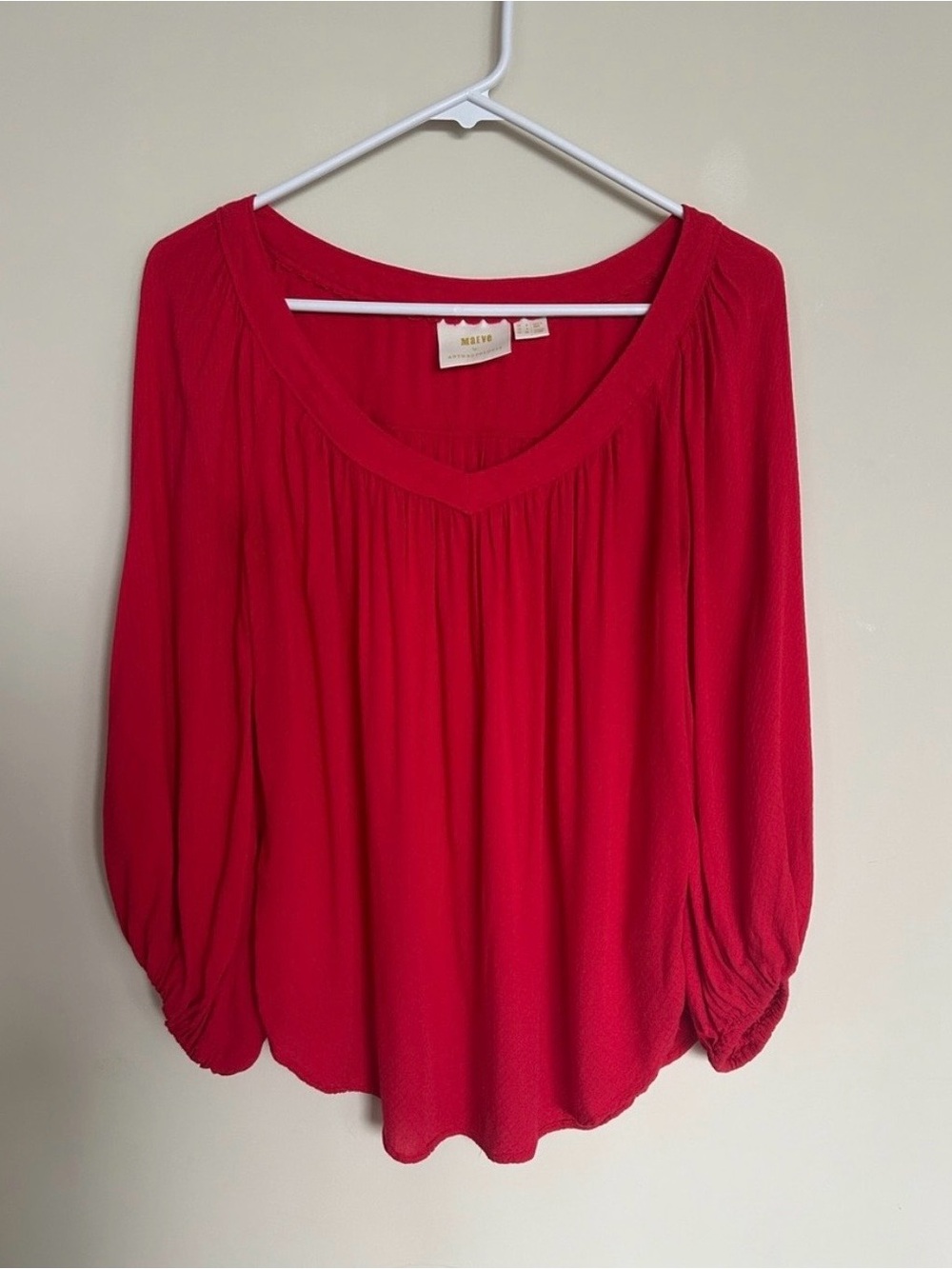 Anthropology Maeve Crimson Red V-Neck Peasant Blouse, Size 4